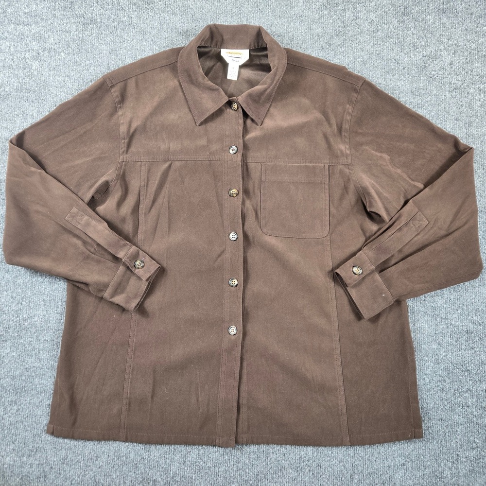 Talbots Petites Button Down Shirt Womens Medium Brown Stretch Suede